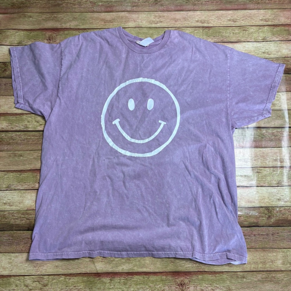 Altar'd State Purple Mineral Wash Smiley Face Graphic Tee Shirt L/XL H3541TK